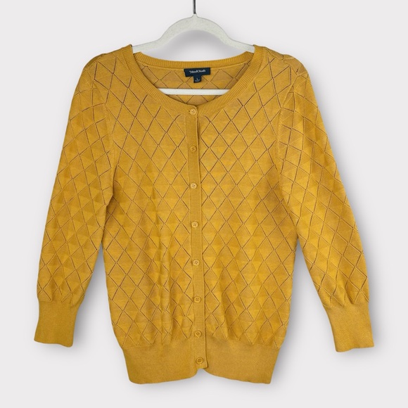 Modcloth Sweaters - Modcloth yellow textured transformation cardigan sweater L button up pointelle